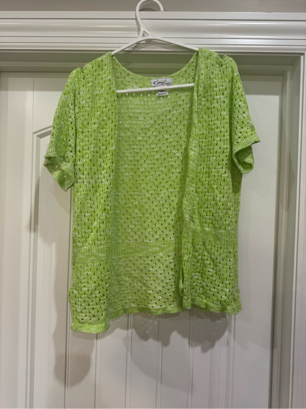 Kim Rogers Open-Weave Short Sleeve Cardigan in Lime Green